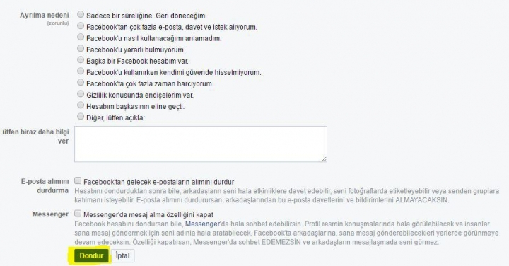 Facebook hesabı kapatma ve dondurma işlemleri 5