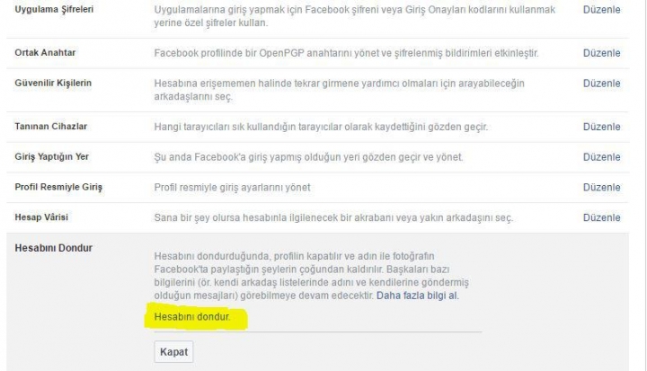 Facebook hesabı kapatma ve dondurma işlemleri 4