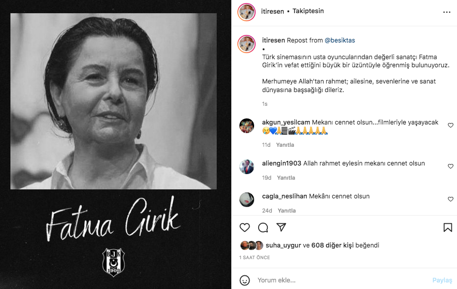 Sanat camiasının ünlü isimlerinden Fatma Girik paylaşımları... Usta oyuncuya böyle veda ettiler 29