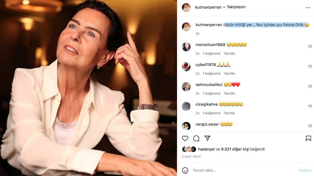 Sanat camiasının ünlü isimlerinden Fatma Girik paylaşımları... Usta oyuncuya böyle veda ettiler 73