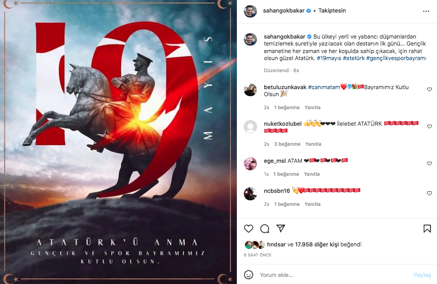Ünlü isimler 19 Mayıs Atatürk'ü Anma, Gençlik ve Spor Bayramı'nı sosyal medyadan kutladı 7