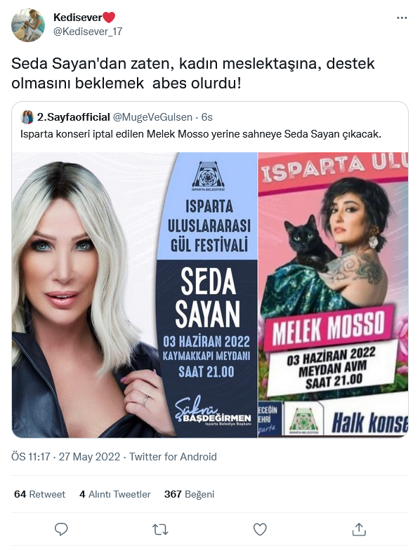Isparta konseri iptal edilen Melek Mosso'nun yerine Seda Sayan sahne alacak 5