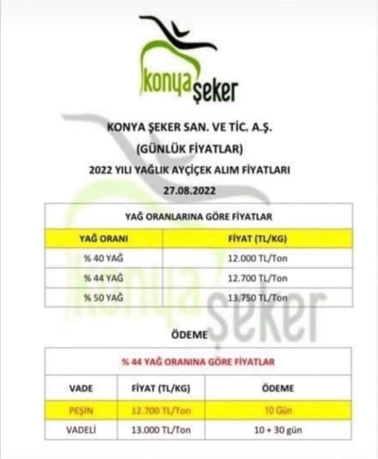 Konya Şeker, 2022 yılı yağlık Ayçiçek alım fiyatlarını yağ oranları üzerinden açıkladı 3