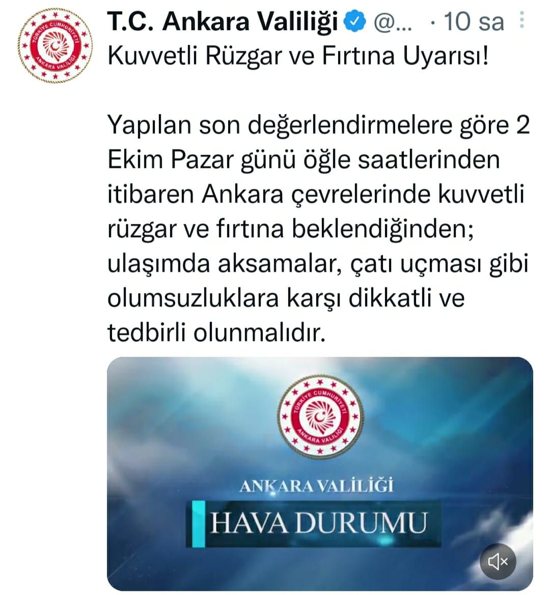 Ankara Valiliği ve Meteoroloji’den kritik uyarı: Kuvvetli rüzgar ve fırtına bekleniyor! 1