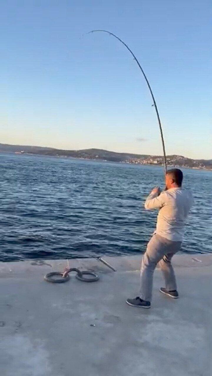 Beykoz'da ilginç anlar! Balık tutan vatandaşın oltasına köpek balığı takıldı! 3