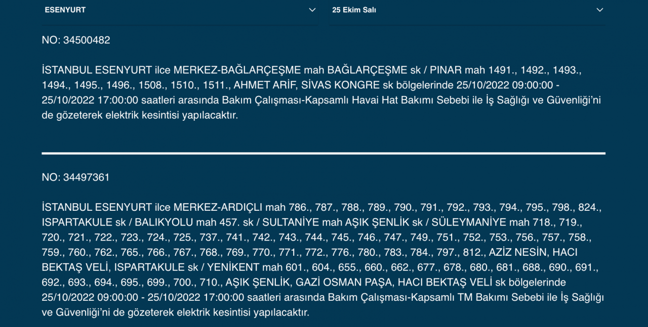 İstanbul’un çok sayıda ilçesinde elektrik kesintisi! (25 EKİM SALI 2022) 24