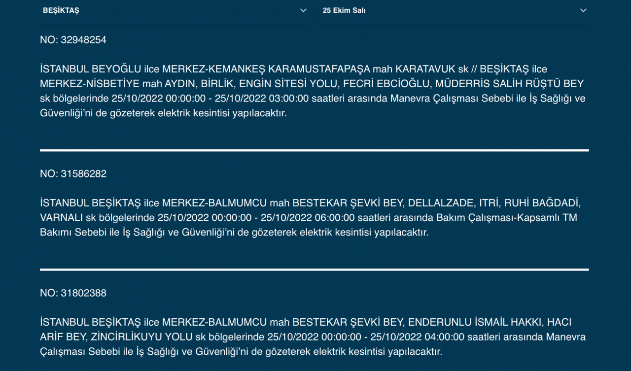 İstanbul’un çok sayıda ilçesinde elektrik kesintisi! (25 EKİM SALI 2022) 14