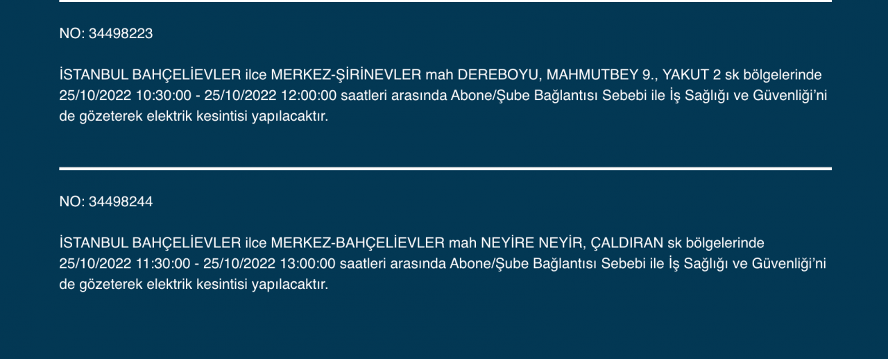 İstanbul’un çok sayıda ilçesinde elektrik kesintisi! (25 EKİM SALI 2022) 12