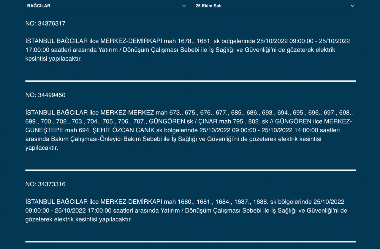 İstanbul’un çok sayıda ilçesinde elektrik kesintisi! (25 EKİM SALI 2022) 8