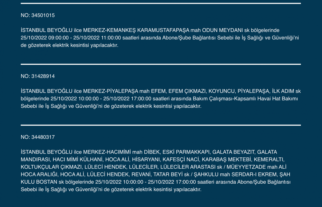 İstanbul’un çok sayıda ilçesinde elektrik kesintisi! (25 EKİM SALI 2022) 20