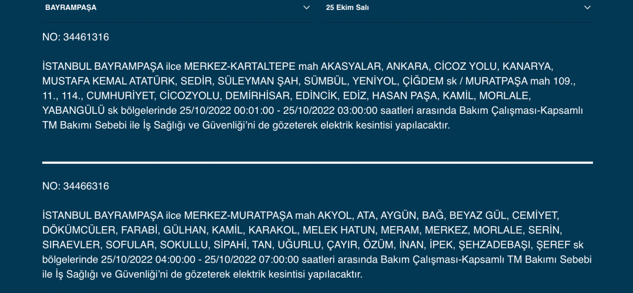 İstanbul’un çok sayıda ilçesinde elektrik kesintisi! (25 EKİM SALI 2022) 13