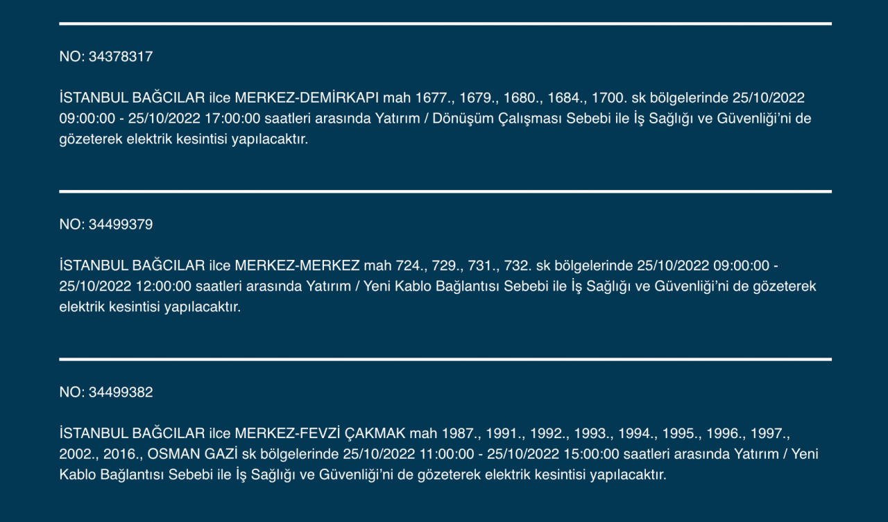İstanbul’un çok sayıda ilçesinde elektrik kesintisi! (25 EKİM SALI 2022) 9