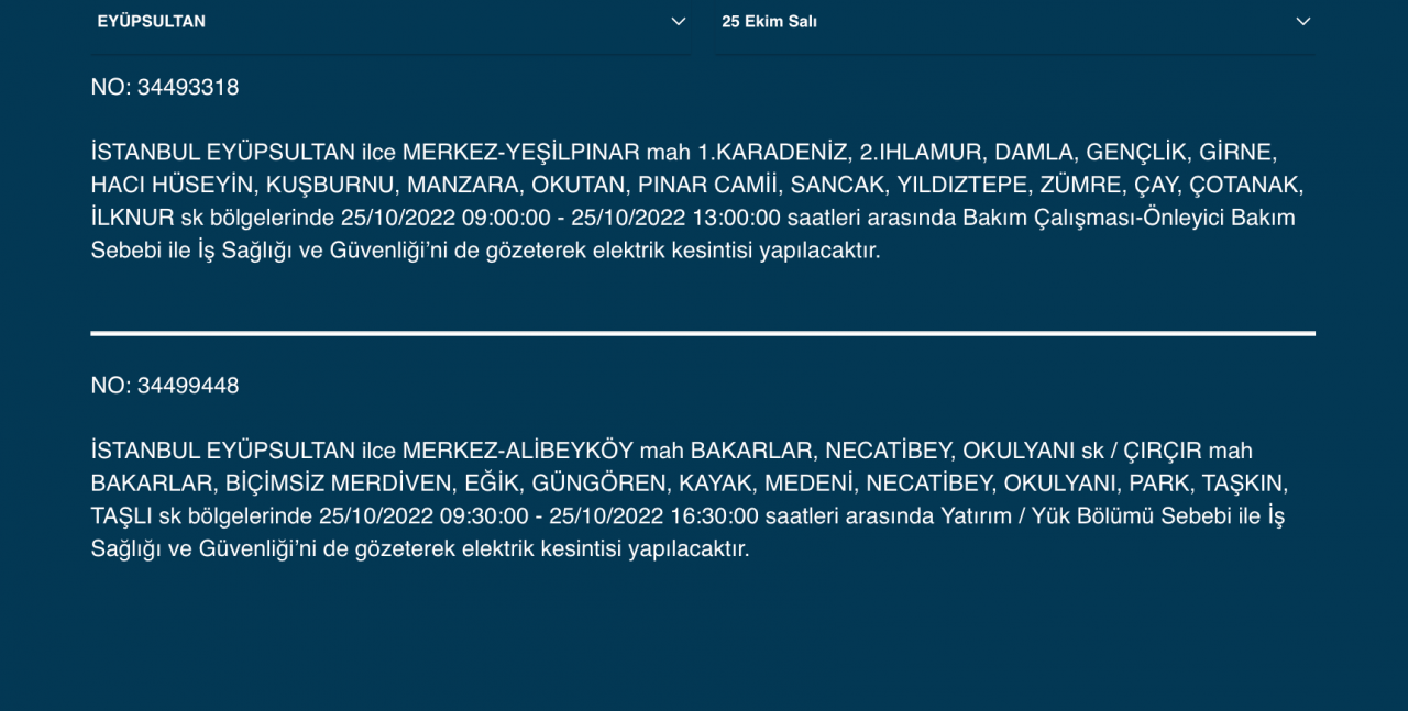 İstanbul’un çok sayıda ilçesinde elektrik kesintisi! (25 EKİM SALI 2022) 25
