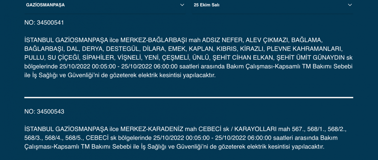 İstanbul’un çok sayıda ilçesinde elektrik kesintisi! (25 EKİM SALI 2022) 27