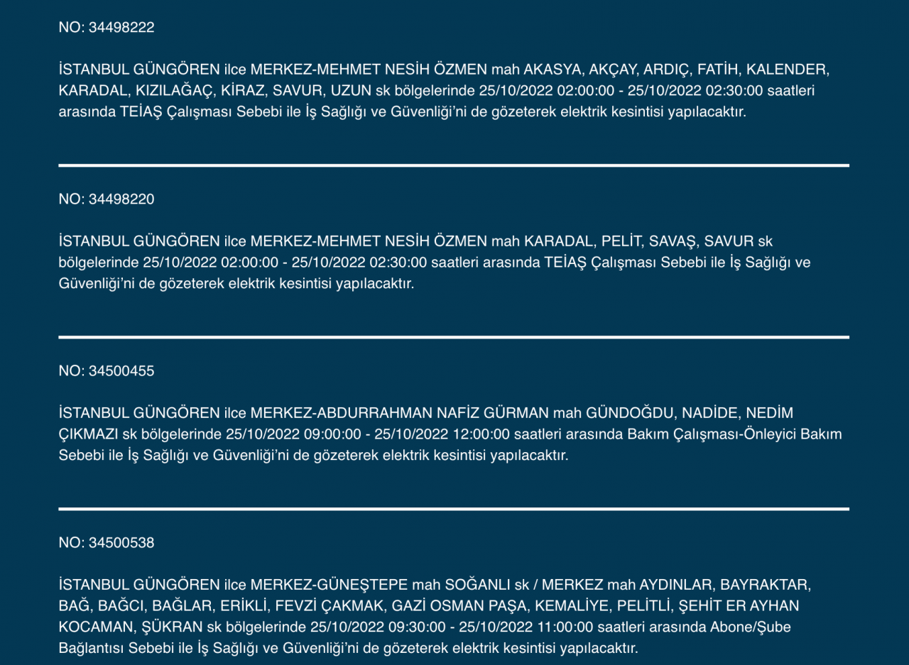 İstanbul’un çok sayıda ilçesinde elektrik kesintisi! (25 EKİM SALI 2022) 29
