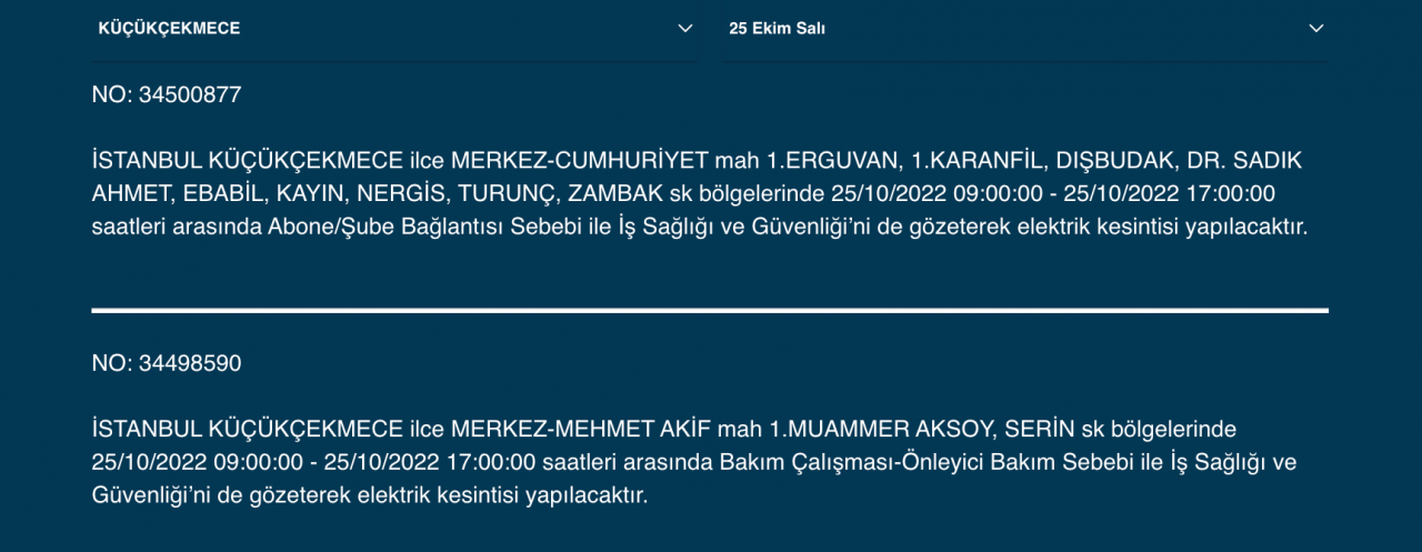 İstanbul’un çok sayıda ilçesinde elektrik kesintisi! (25 EKİM SALI 2022) 30