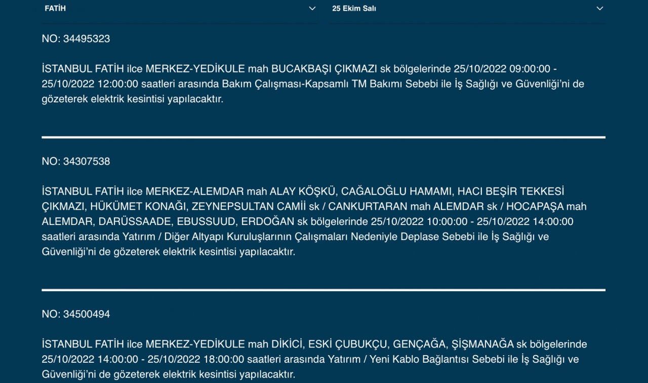 İstanbul’un çok sayıda ilçesinde elektrik kesintisi! (25 EKİM SALI 2022) 26