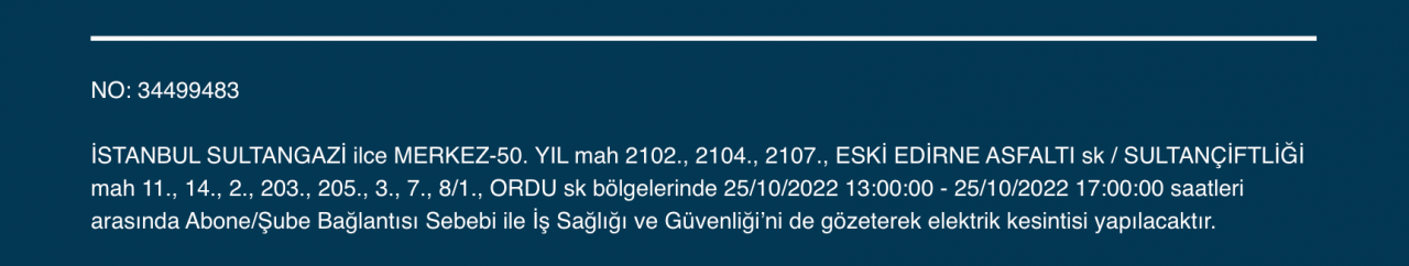 İstanbul’un çok sayıda ilçesinde elektrik kesintisi! (25 EKİM SALI 2022) 35