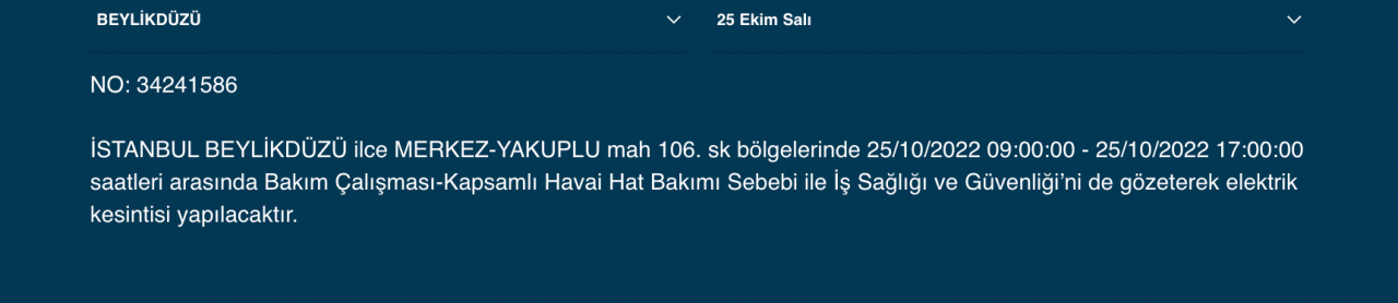 İstanbul’un çok sayıda ilçesinde elektrik kesintisi! (25 EKİM SALI 2022) 18