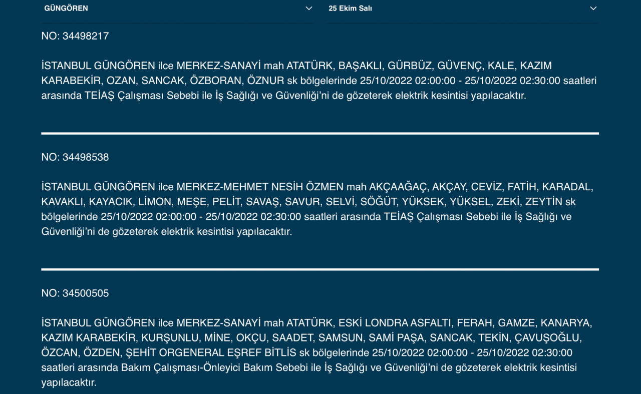 İstanbul’un çok sayıda ilçesinde elektrik kesintisi! (25 EKİM SALI 2022) 28