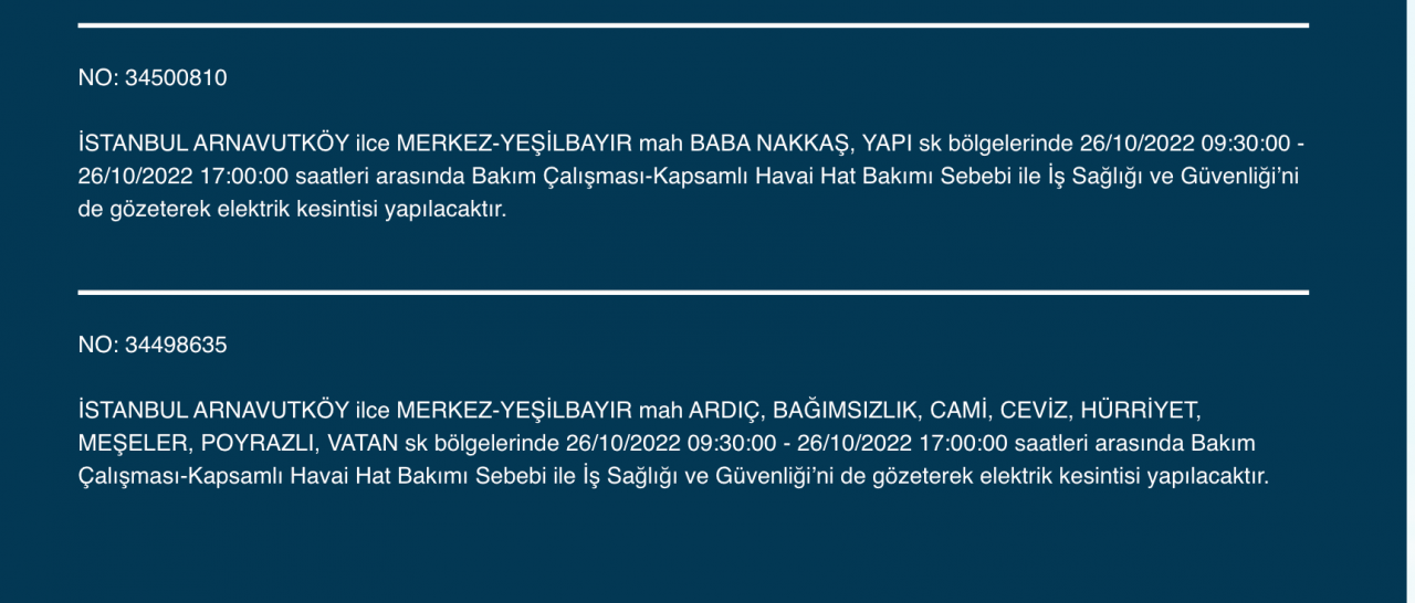 İstanbul’un 25 ilçesinde elektrik kesintisi (26 EKİM ÇARŞAMBA 2022) 3