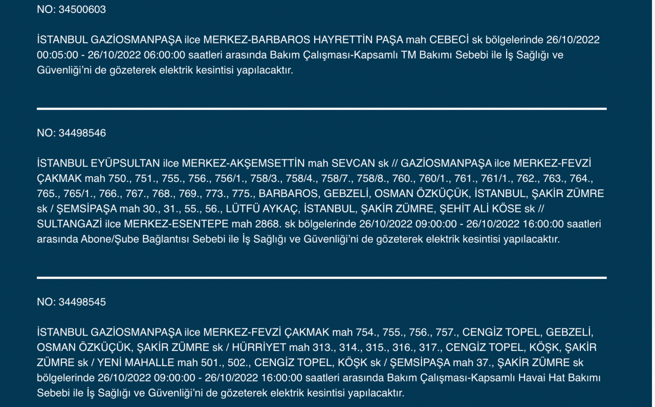 İstanbul’un 25 ilçesinde elektrik kesintisi (26 EKİM ÇARŞAMBA 2022) 16
