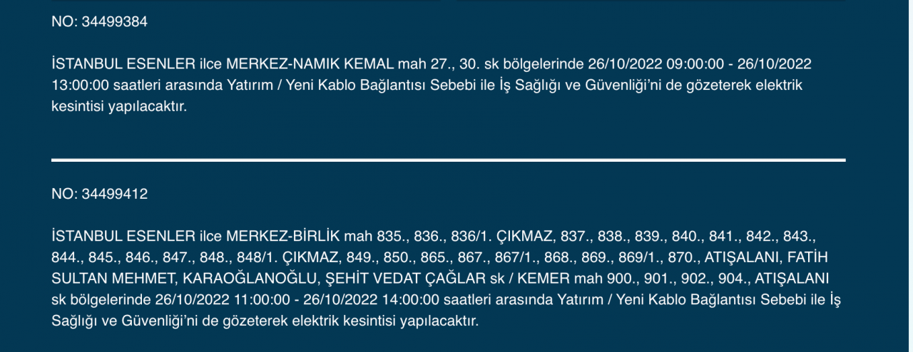 İstanbul’un 25 ilçesinde elektrik kesintisi (26 EKİM ÇARŞAMBA 2022) 12