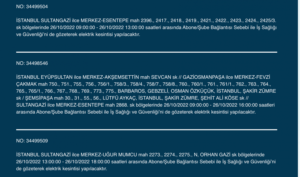 İstanbul’un 25 ilçesinde elektrik kesintisi (26 EKİM ÇARŞAMBA 2022) 25