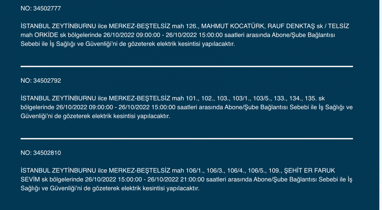 İstanbul’un 25 ilçesinde elektrik kesintisi (26 EKİM ÇARŞAMBA 2022) 26