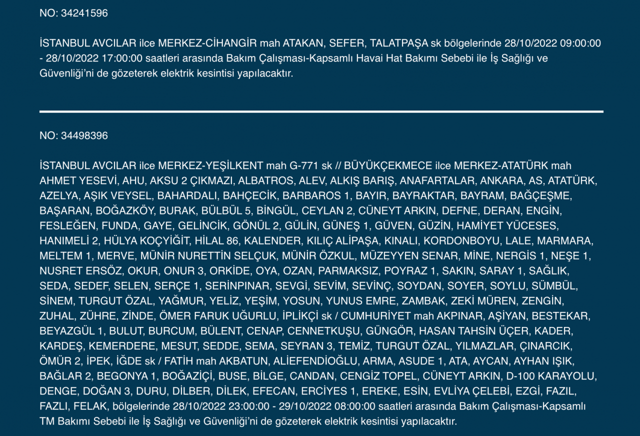 İstanbul’da çok sayıda ilçede elektrik kesintisi (28 EKİM CUMA 2022) 4