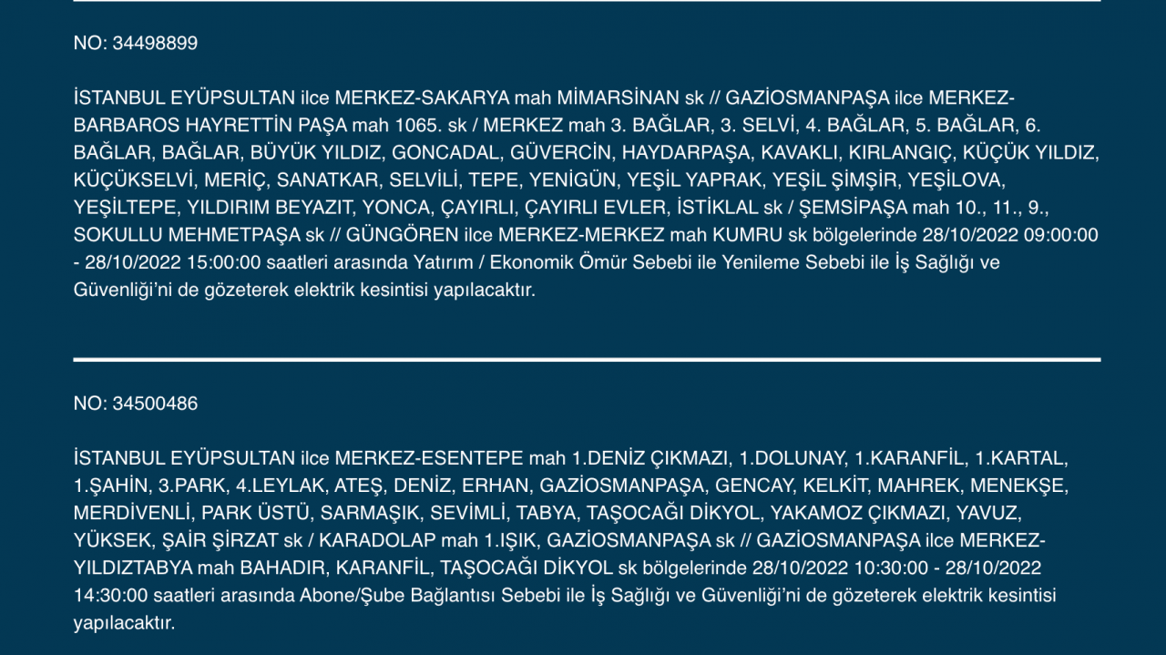 İstanbul’da çok sayıda ilçede elektrik kesintisi (28 EKİM CUMA 2022) 17