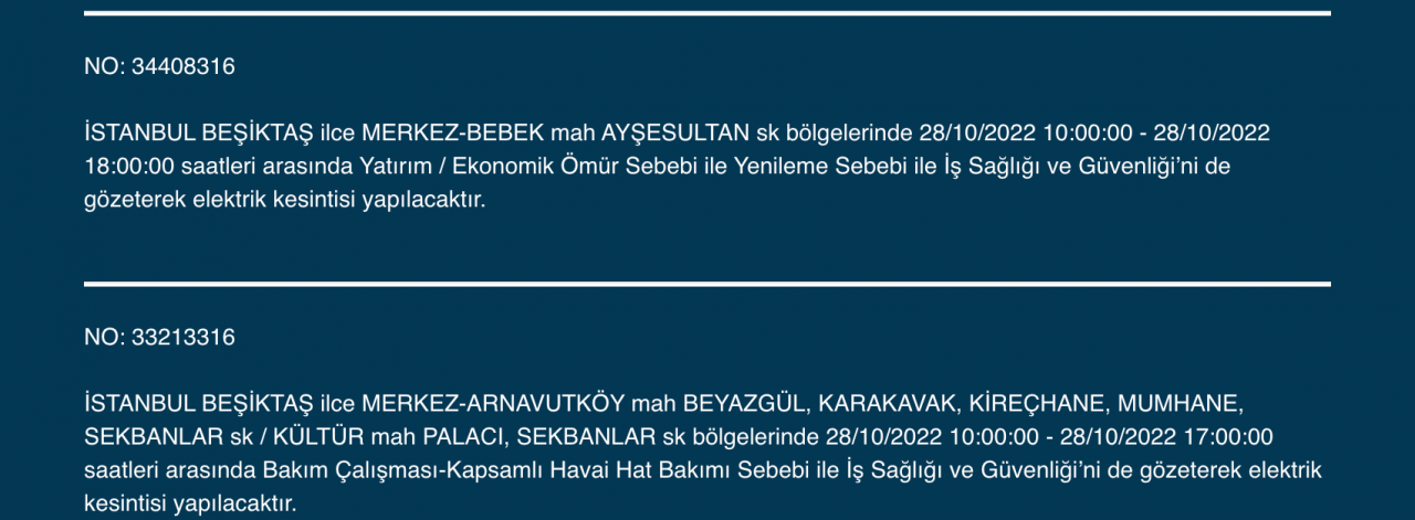 İstanbul’da çok sayıda ilçede elektrik kesintisi (28 EKİM CUMA 2022) 11