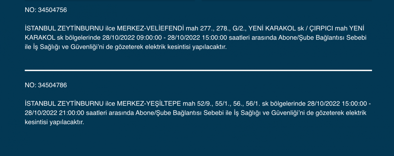 İstanbul’da çok sayıda ilçede elektrik kesintisi (28 EKİM CUMA 2022) 23