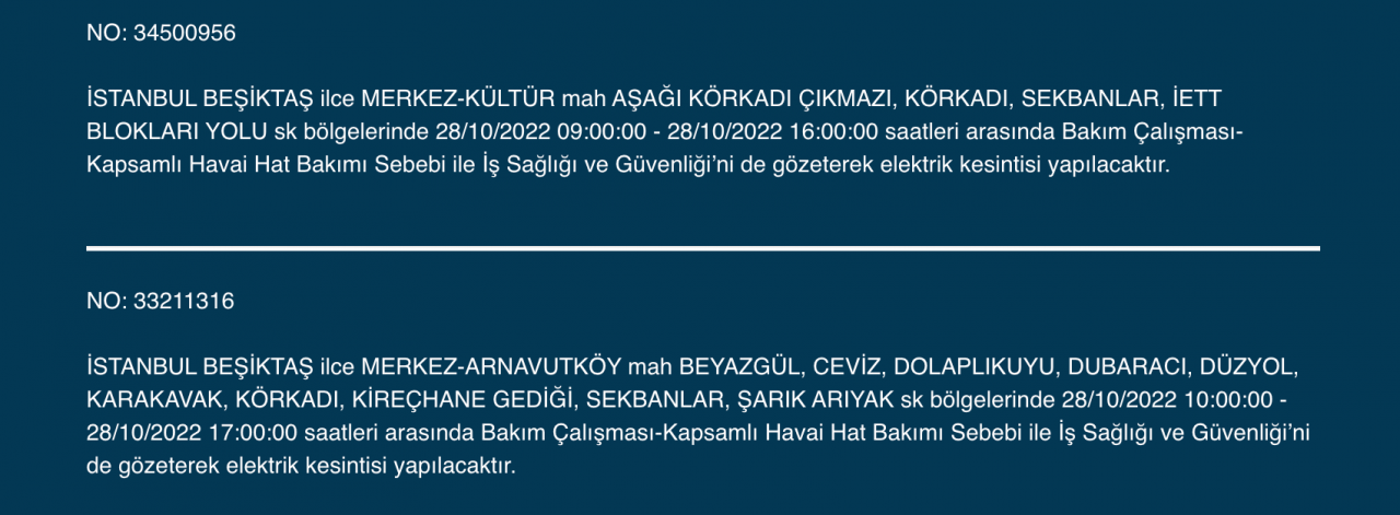 İstanbul’da çok sayıda ilçede elektrik kesintisi (28 EKİM CUMA 2022) 10