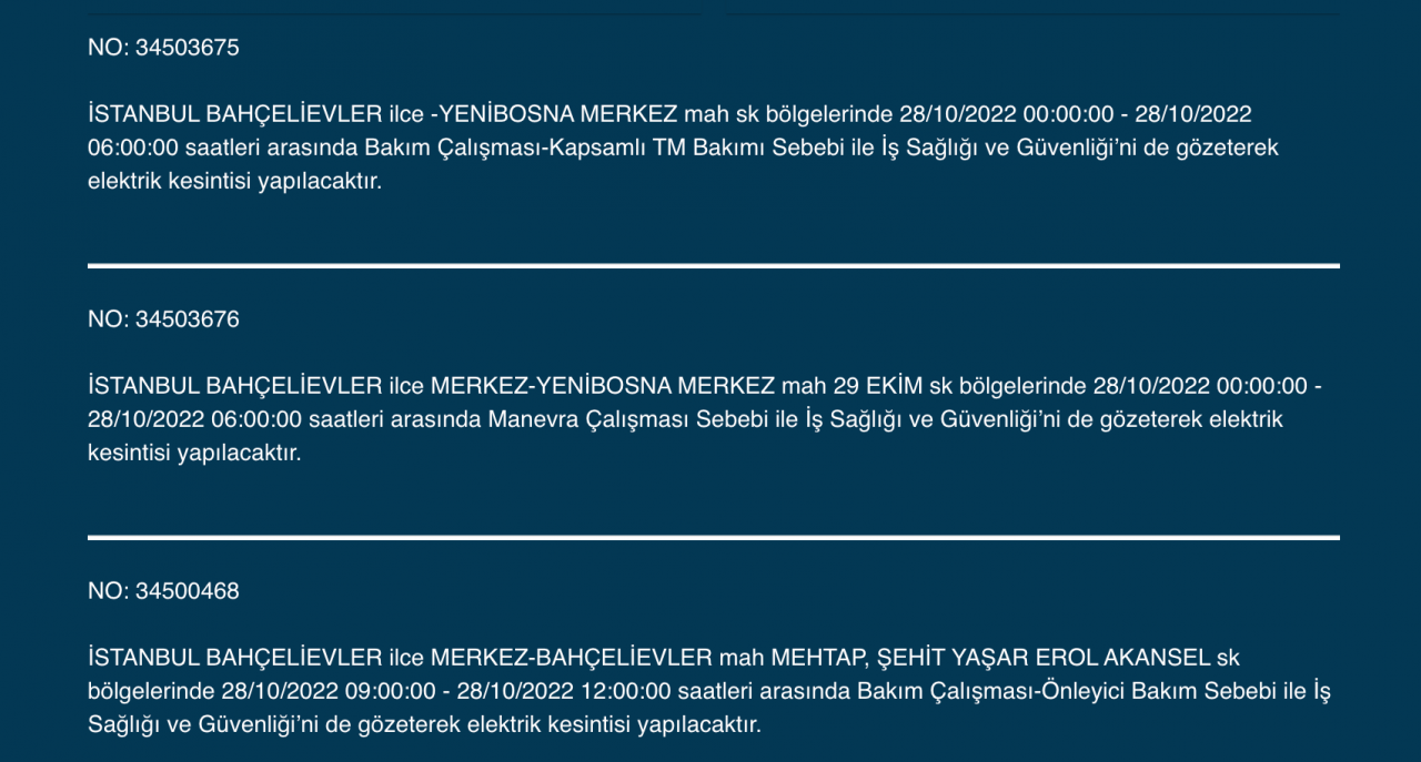 İstanbul’da çok sayıda ilçede elektrik kesintisi (28 EKİM CUMA 2022) 6
