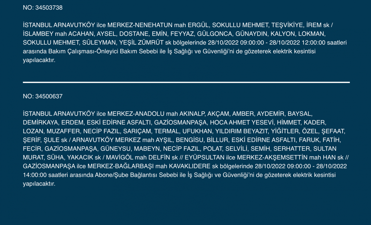İstanbul’da çok sayıda ilçede elektrik kesintisi (28 EKİM CUMA 2022) 3