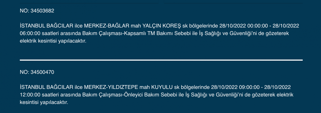 İstanbul’da çok sayıda ilçede elektrik kesintisi (28 EKİM CUMA 2022) 5