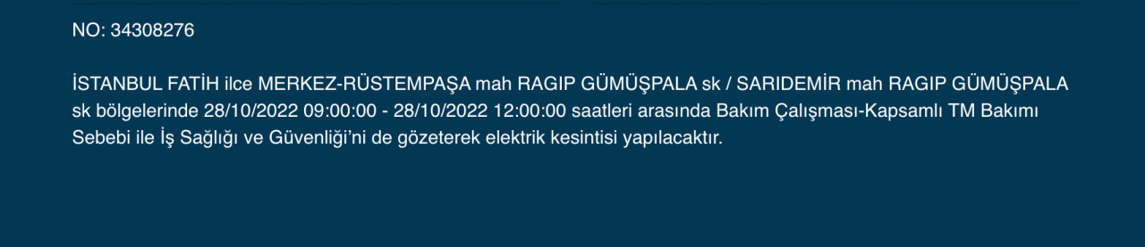 İstanbul’da çok sayıda ilçede elektrik kesintisi (28 EKİM CUMA 2022) 15