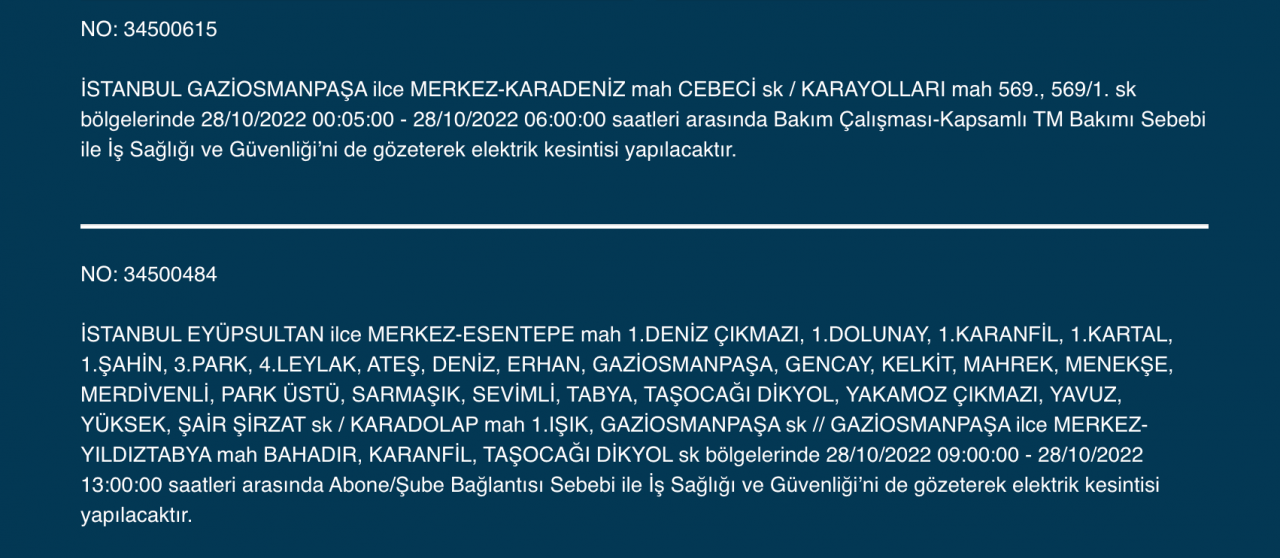 İstanbul’da çok sayıda ilçede elektrik kesintisi (28 EKİM CUMA 2022) 16