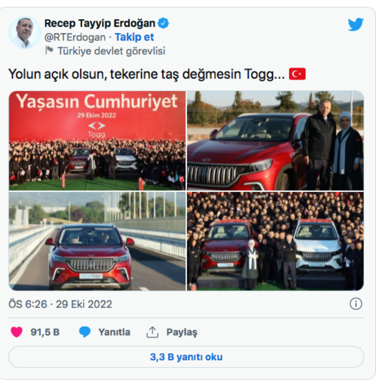 Cumhurbaşkanı Erdoğan’dan TOGG paylaşımı! "Yolun açık olsun, tekerine taş değmesin Togg" 2