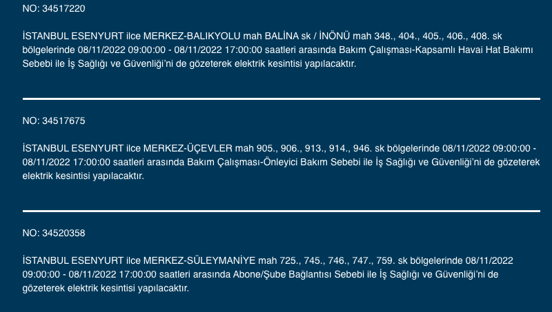 İstanbul’da 31 ilçeyi etkileyen elektrik kesintisi! (8 KASIM SALI 2022) 20