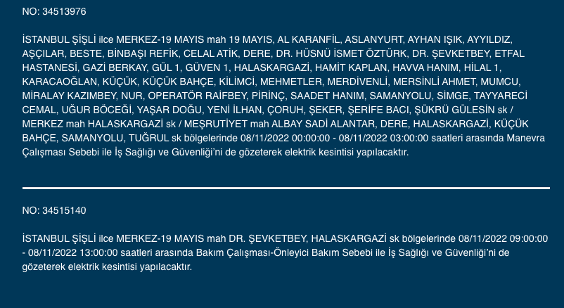 İstanbul’da 31 ilçeyi etkileyen elektrik kesintisi! (8 KASIM SALI 2022) 31