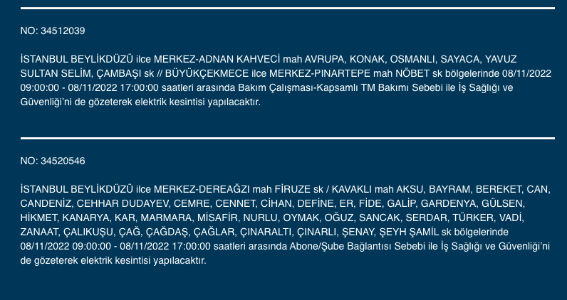 İstanbul’da 31 ilçeyi etkileyen elektrik kesintisi! (8 KASIM SALI 2022) 17