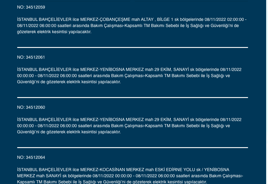 İstanbul’da 31 ilçeyi etkileyen elektrik kesintisi! (8 KASIM SALI 2022) 8