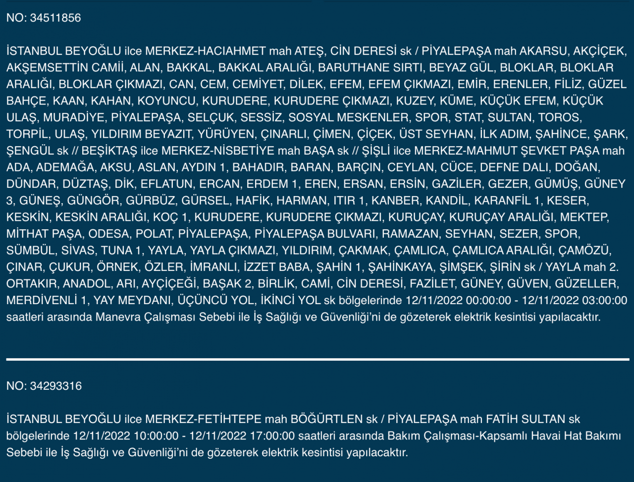 İstanbul’un 25 ilçesinde elektrik kesintisi (12 KASIM CUMARTESİ 2022) 11