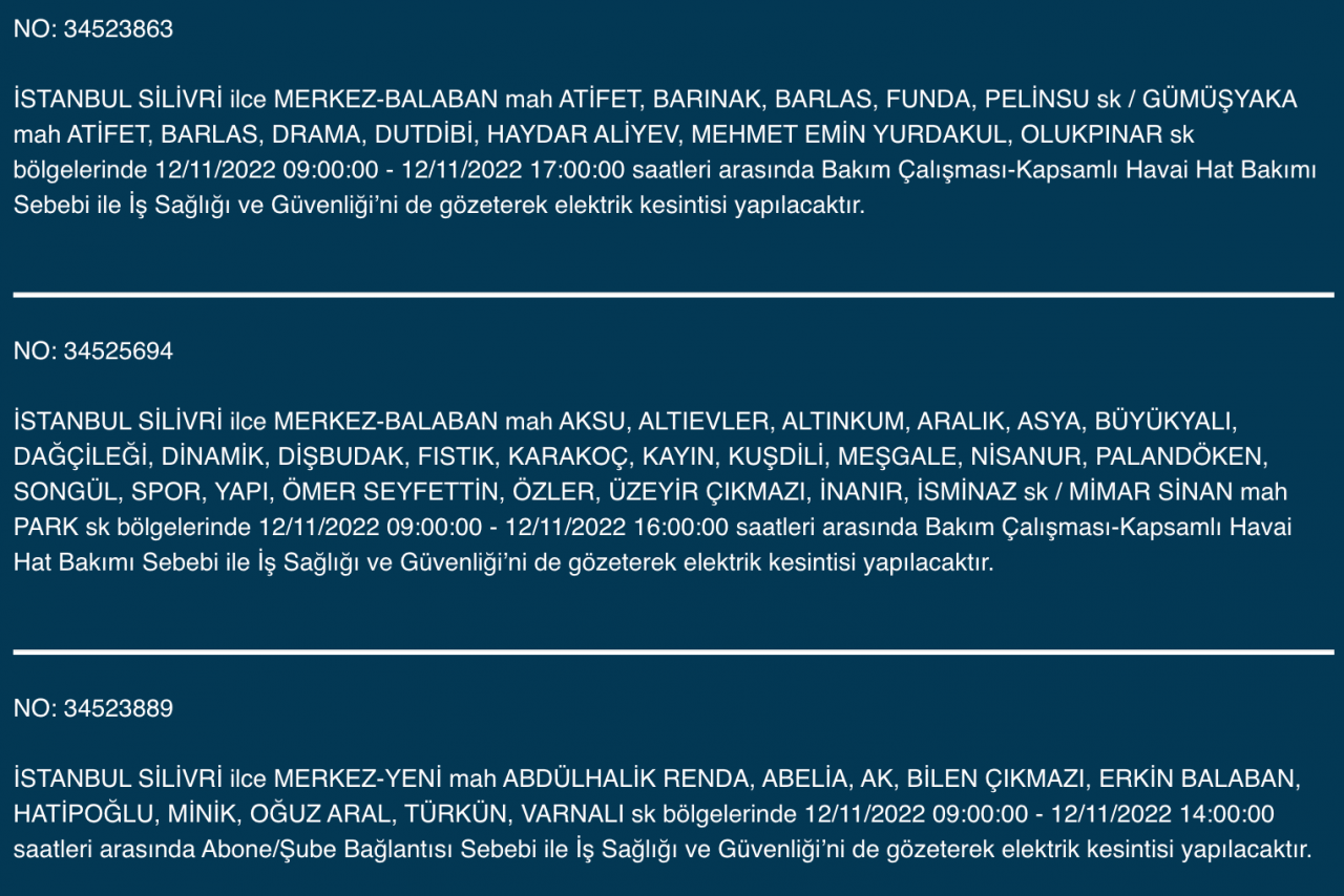 İstanbul’un 25 ilçesinde elektrik kesintisi (12 KASIM CUMARTESİ 2022) 22