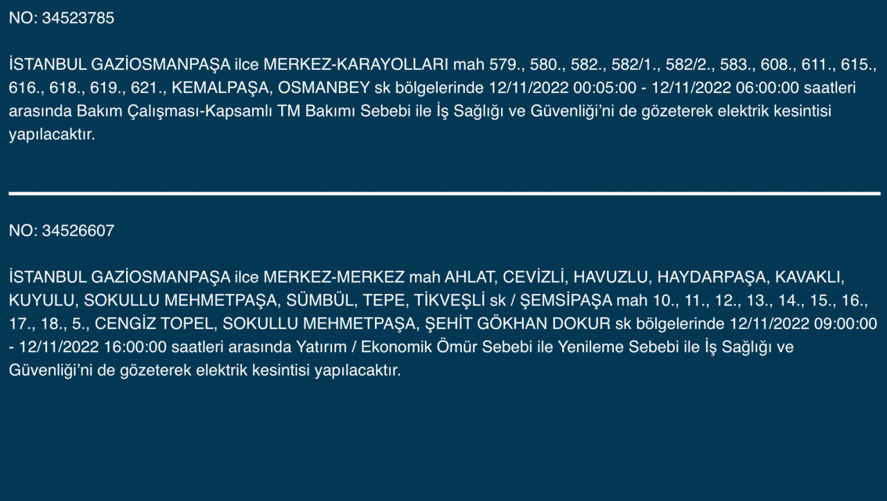 İstanbul’un 25 ilçesinde elektrik kesintisi (12 KASIM CUMARTESİ 2022) 17