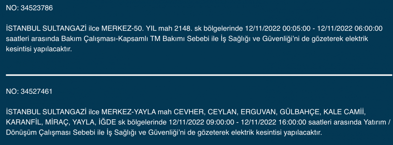 İstanbul’un 25 ilçesinde elektrik kesintisi (12 KASIM CUMARTESİ 2022) 25