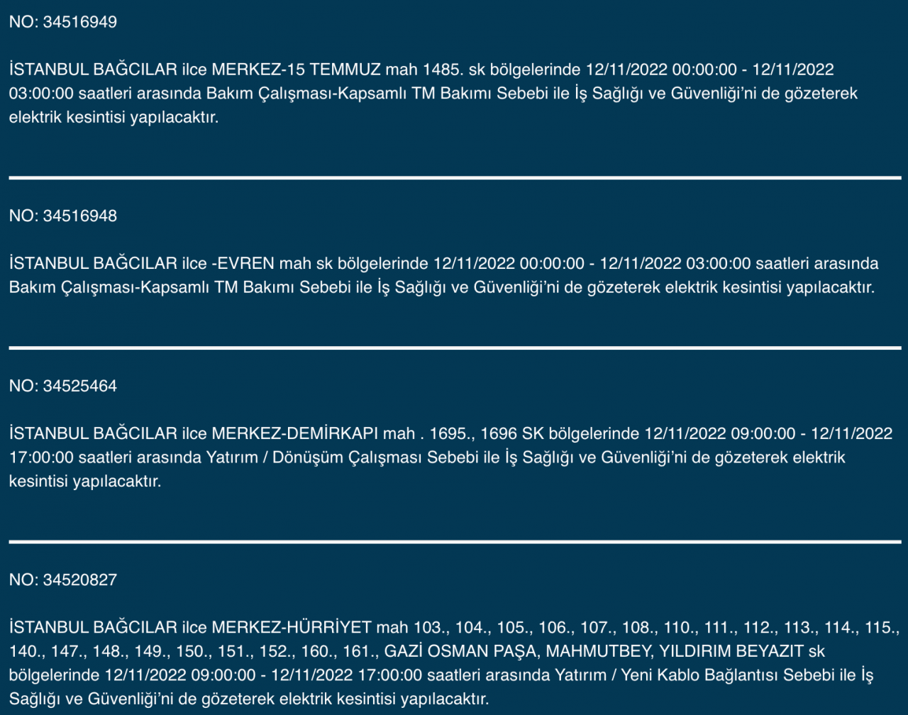 İstanbul’un 25 ilçesinde elektrik kesintisi (12 KASIM CUMARTESİ 2022) 7