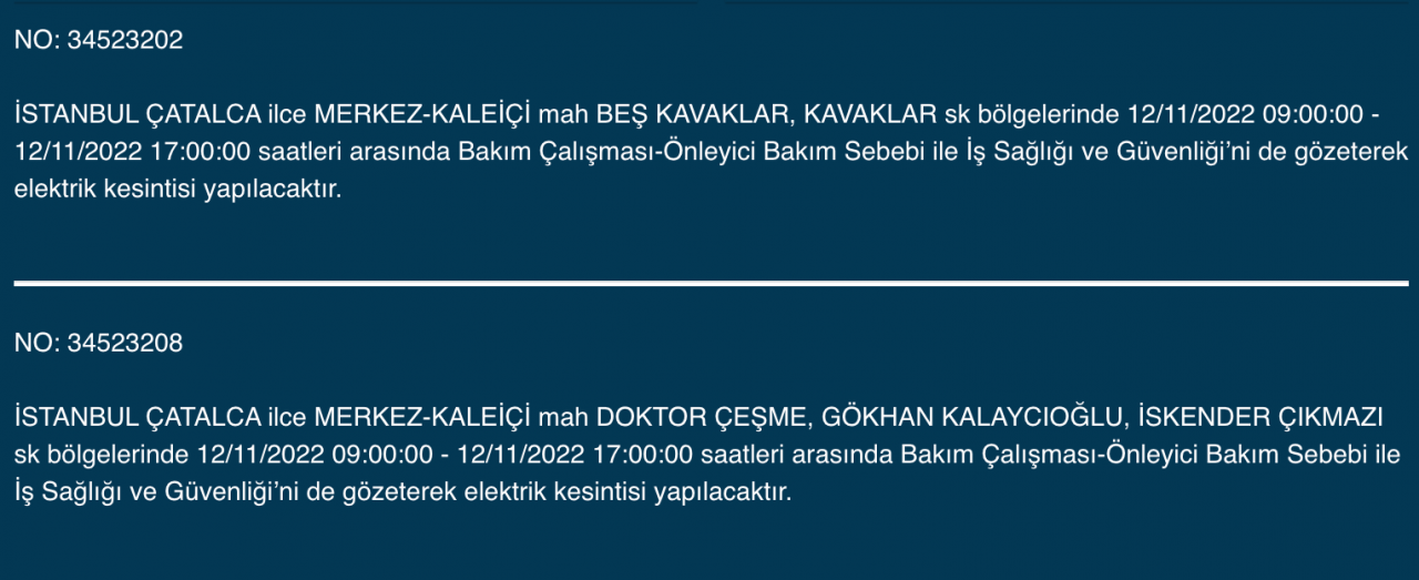 İstanbul’un 25 ilçesinde elektrik kesintisi (12 KASIM CUMARTESİ 2022) 12